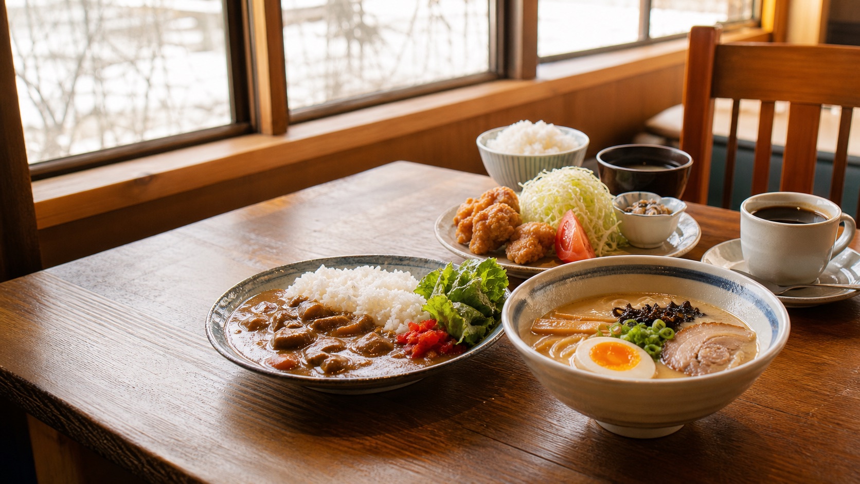 定食・ラーメン・カレーが並ぶKADOの食卓イメージ